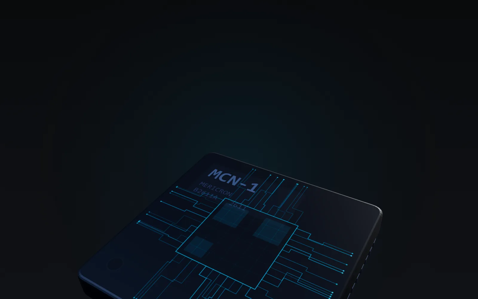 MCN-1 chip package emerging from darkness, tilted, lit by a cyan edge light