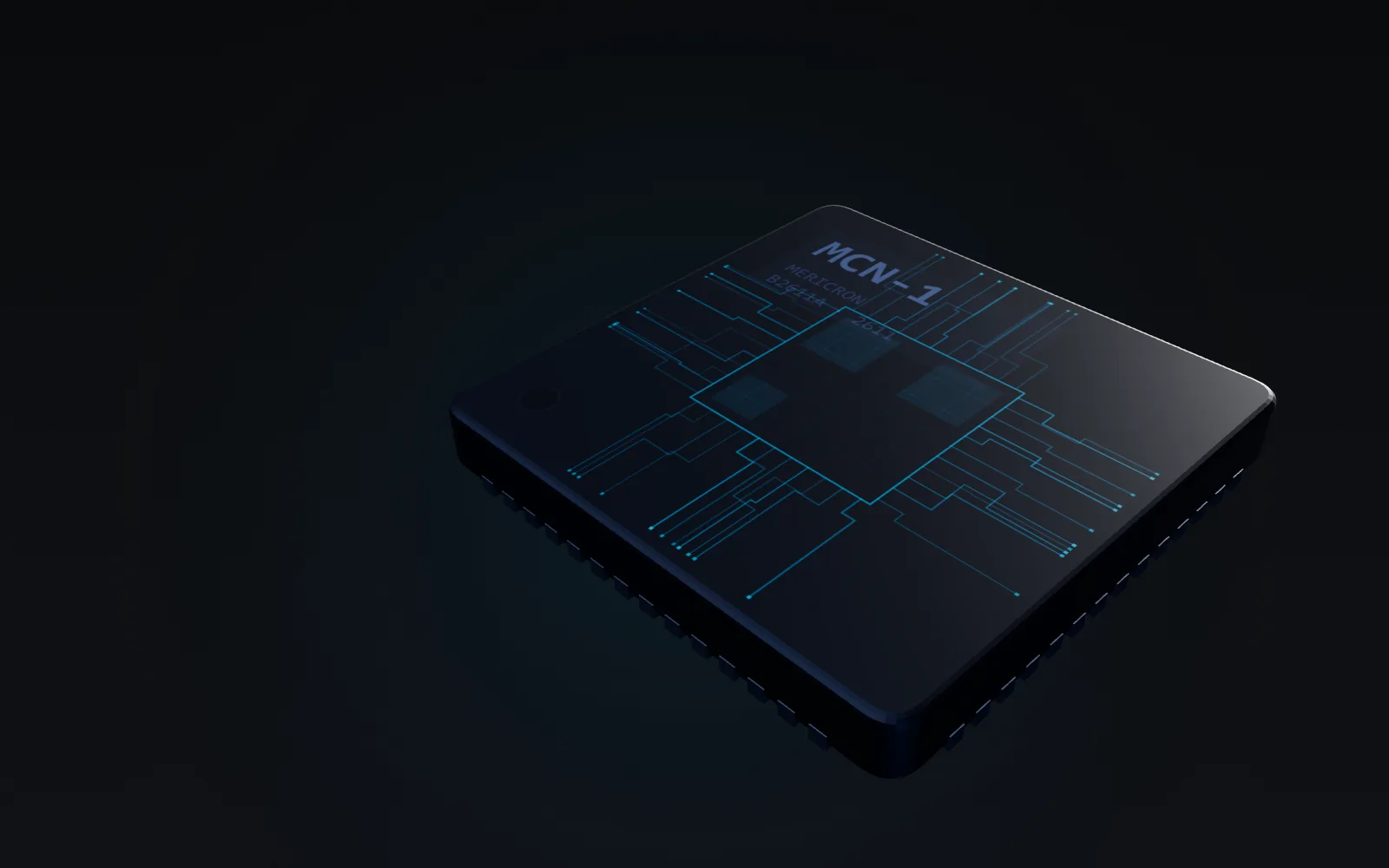 MCN-1 chip drifting laterally against a dark die-grid background