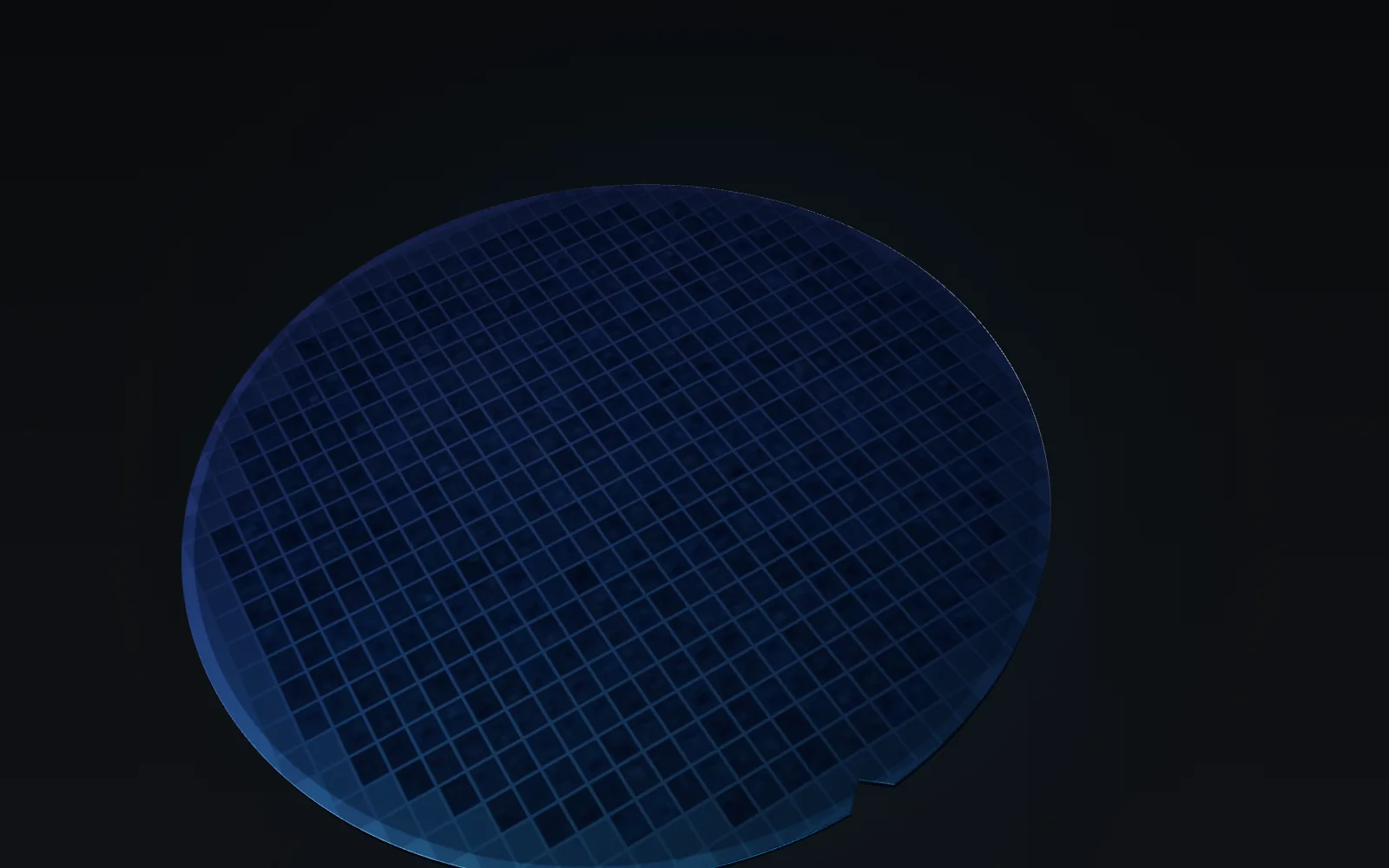 Silicon wafer with an etched die grid catching a silver rim light